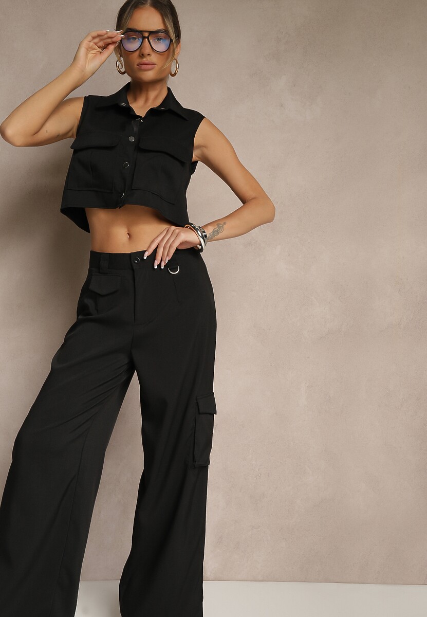 Jasnobeżowy Komplet Koszulowa Kamizelka i Spodnie o Szerokim Kroju w Stylu Cargo Zibelle