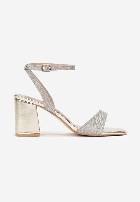 Złote Brokatowe Sandały na Słupku ze Sprzączką Jamela