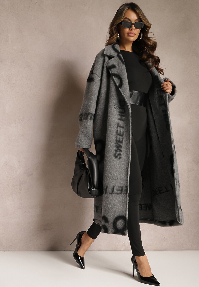 Szary Luźny Płaszcz Wełniany w Ozdobny Nadruk Misganna