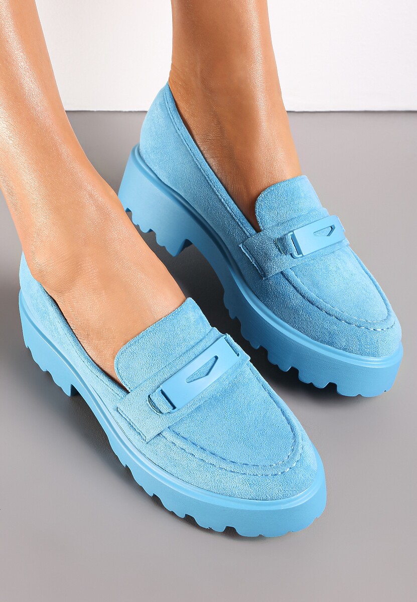 Niebieskie Mokasyny na Grubej Podeszwie z Cholewką z Przeszyciami Hamaira