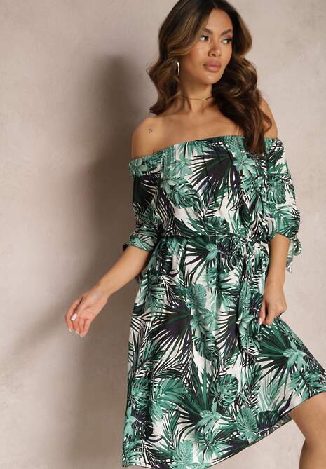 Biało-Zielona Sukienka Hiszpanka Bawełniana z Materiałowym Paskiem Wiązana przy Rękawach Daritia