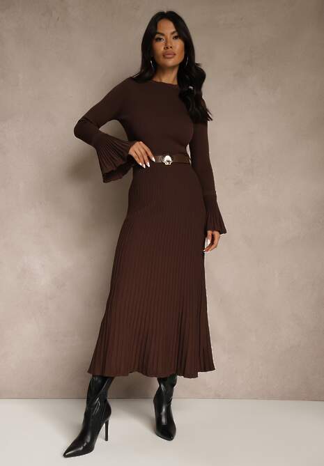 Brązowa Sweterkowa Sukienka Longsleeve z Wiskozą z Paskiem z Klamerką Muszelką Retine