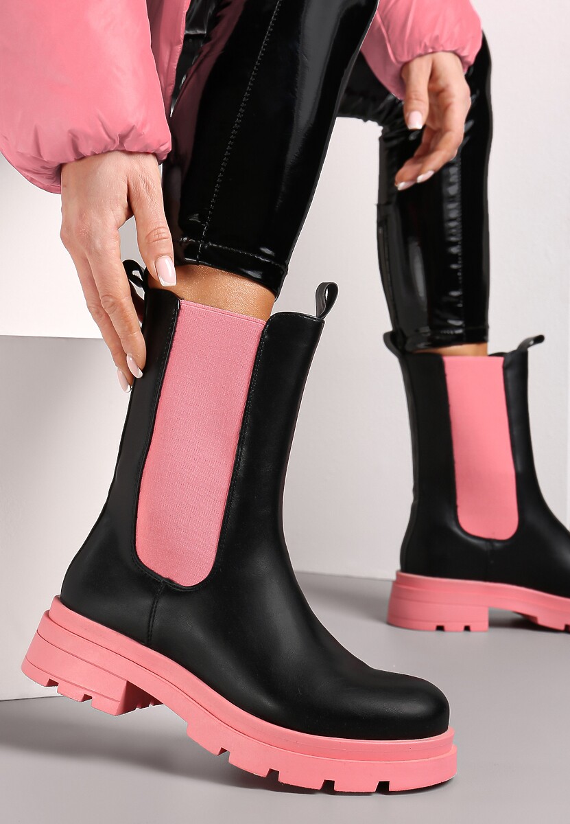 Czarno-Różowe Botki Sztyblety z Kolorowymi Wstawkami i Podeszwą Zarli