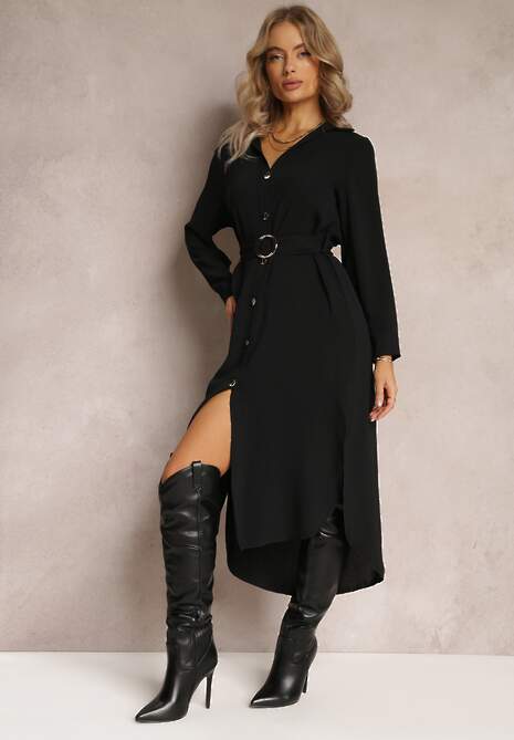 Czarna Sukienka Koszulowa z Paskiem Vartivar