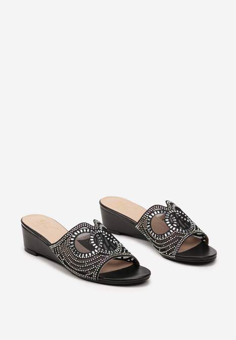 Czarne Klapki na Koturnie z Ozdobnymi Cyrkoniami Eladira