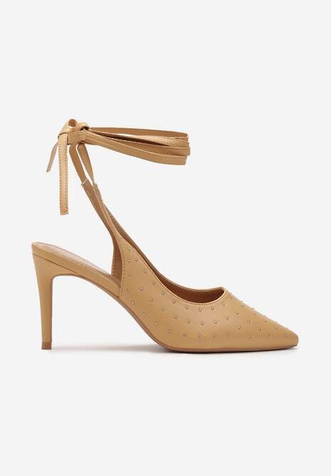 Jasnobrązowe Sandały na Szpilce z Wiązanymi Rzemykami i Cyrkoniami Jenglla