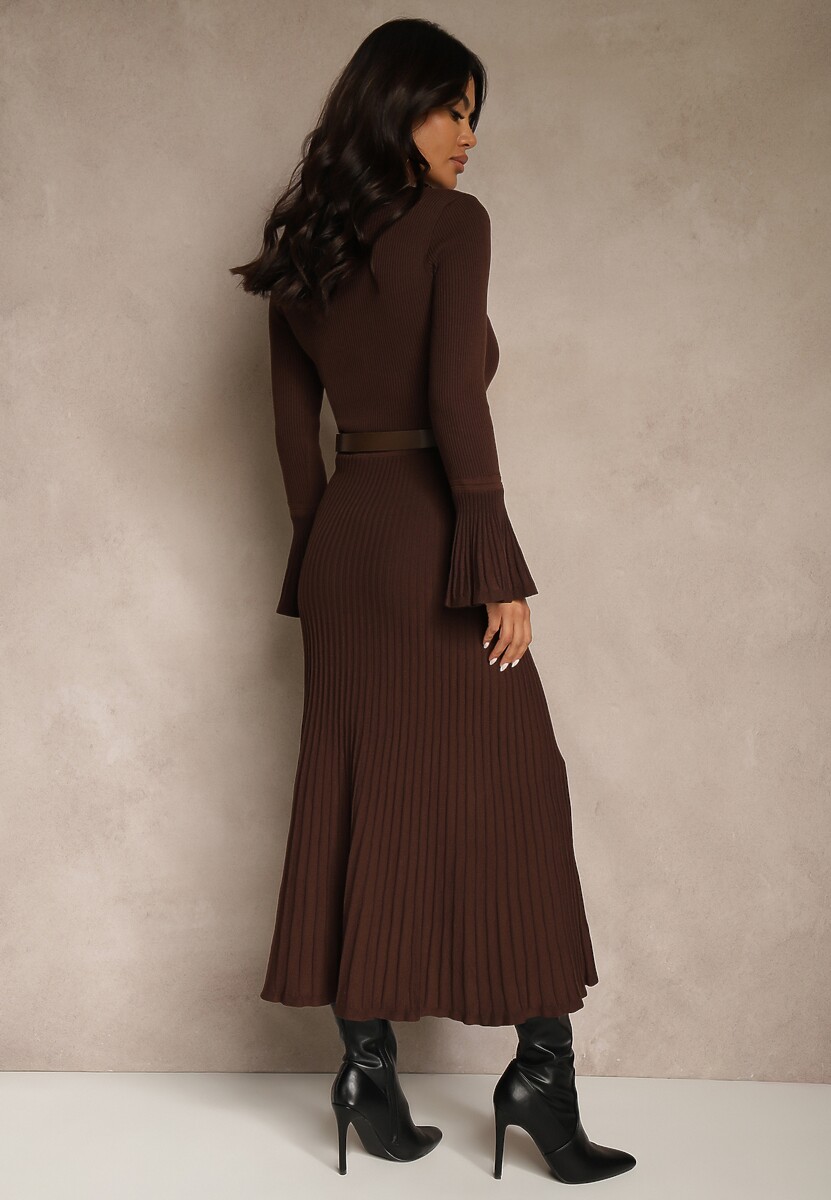 Brązowa Sweterkowa Sukienka Longsleeve z Wiskozą z Paskiem z Klamerką Muszelką Retine