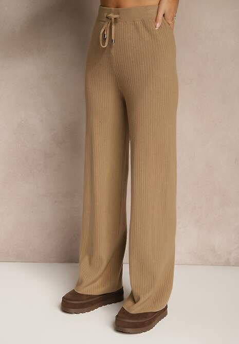 Beżowy Komplet z Dzianiny z Bawełną Spodnie Kardigan i T-shirt z Golfem Ralonia