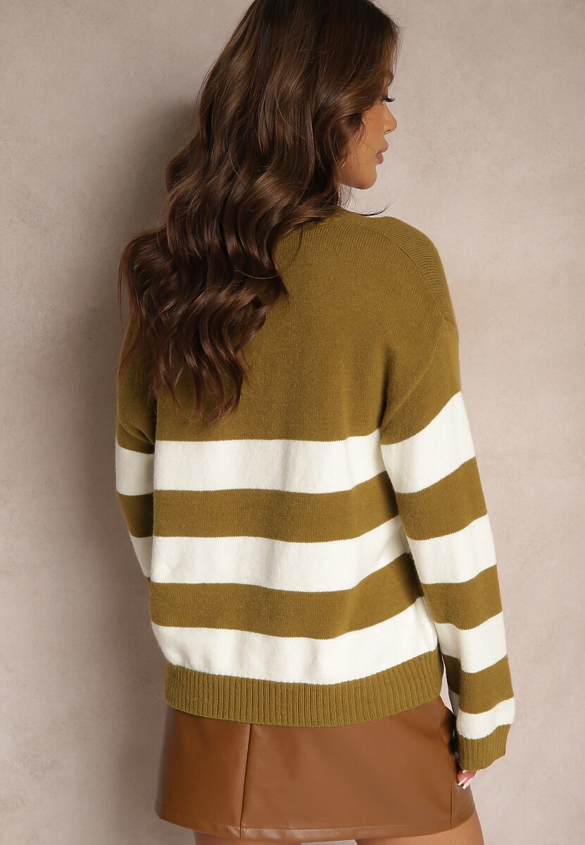 Zielony Sweter z Dodatkiem Wiskozy w Paski z Kwiatkiem z Cyrkonii Nevelit