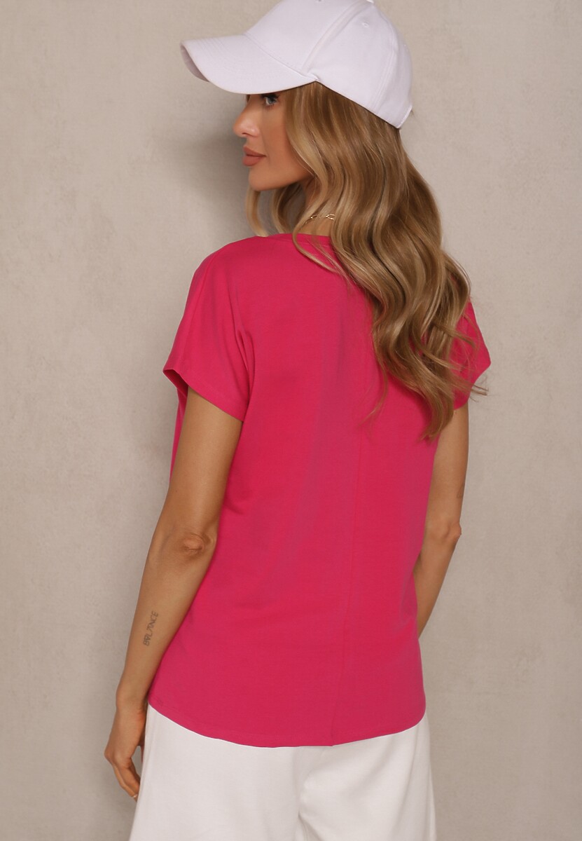 Fuksjowy T-shirt z Bawełny z Dekoltem w Serek Linithiela