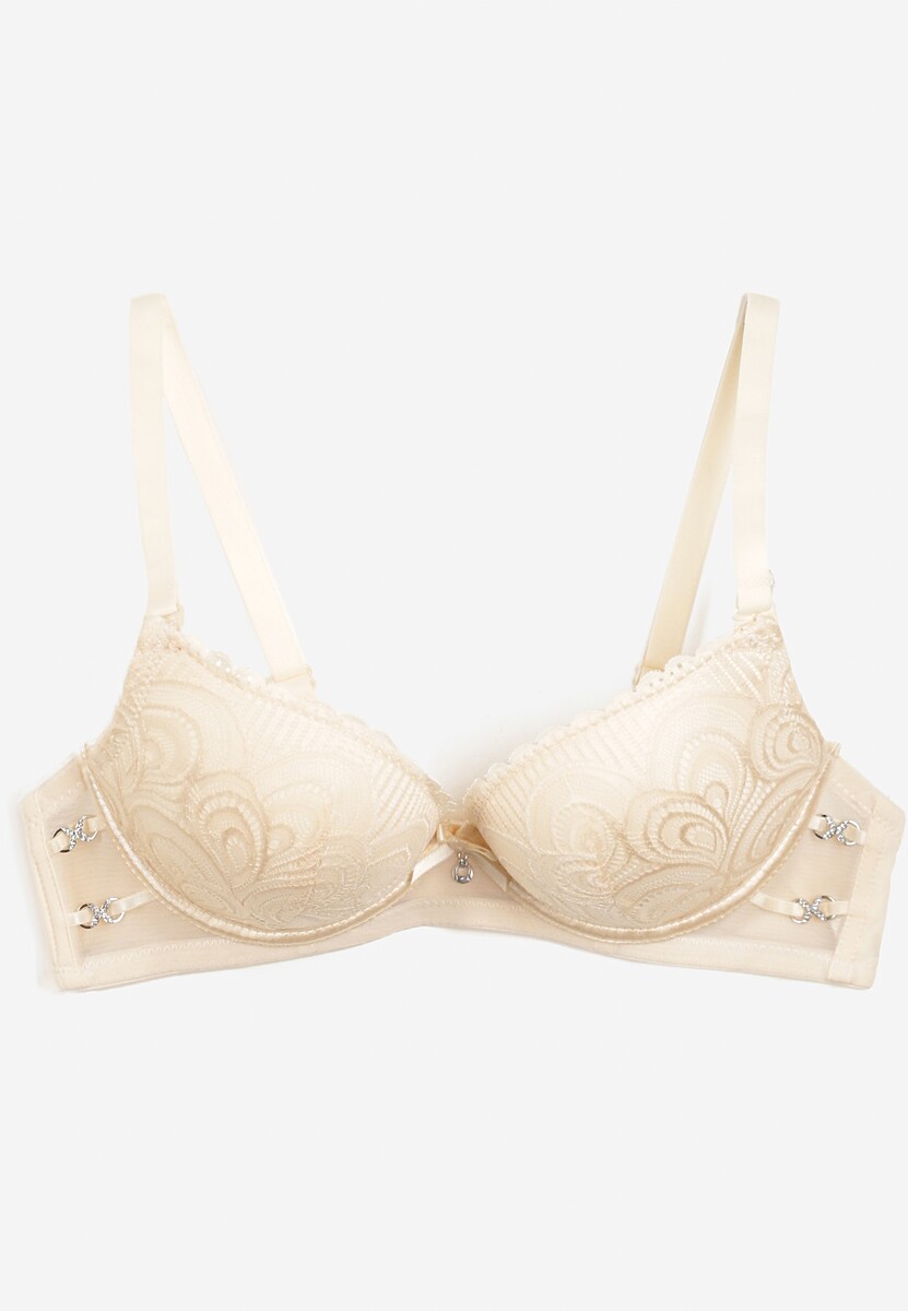 Granatowy Biustonosz z Koronki Typu Push-Up z Usztywnionymi Miseczkami i Zdobieniami Ellalli