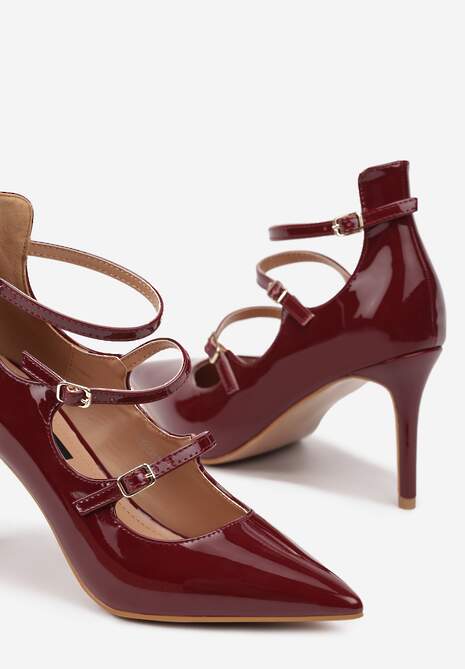 Bordowe Szpilki Lakierowane Ozdobione Paskami ze Sprzączkami Armiela