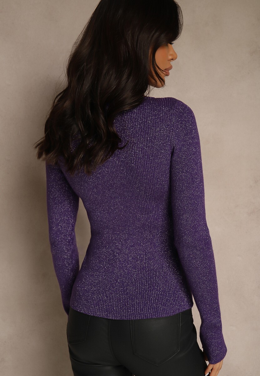 Fioletowy Sweter z Wiskozą Ozdobiony Metaliczną Nitką Liatolla