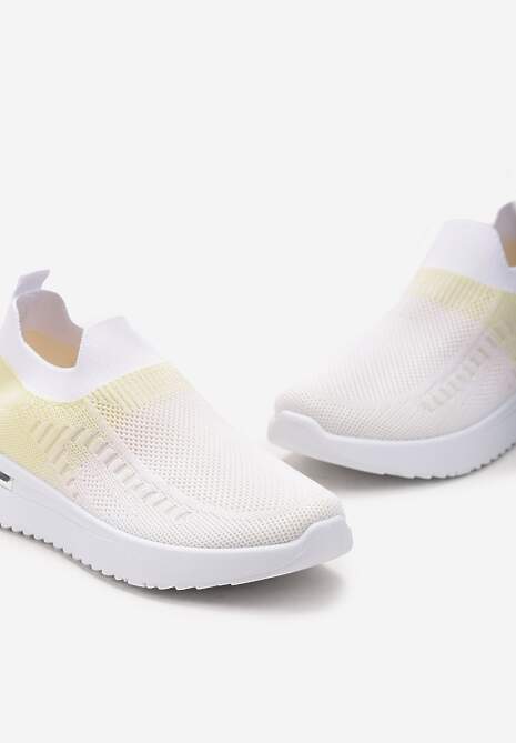 Biało-Żółte Buty Sportowe z Nadrukiem Obmre i Skarpetkową Cholewką Erinevia