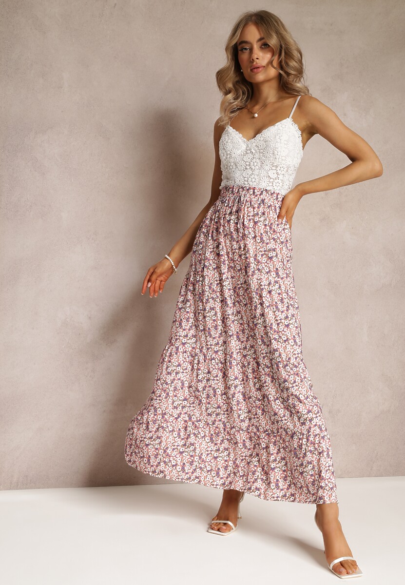 Różowa Rozkloszowana Spódnica Maxi w Kwiaty Dethuj