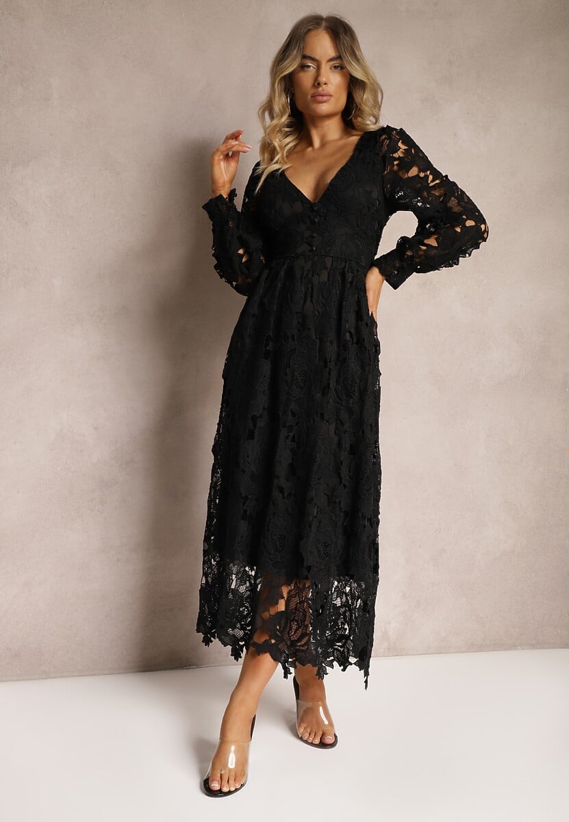 Czarna Rozkloszowana Sukienka Retro z Ażurowej Koronki Meliris
