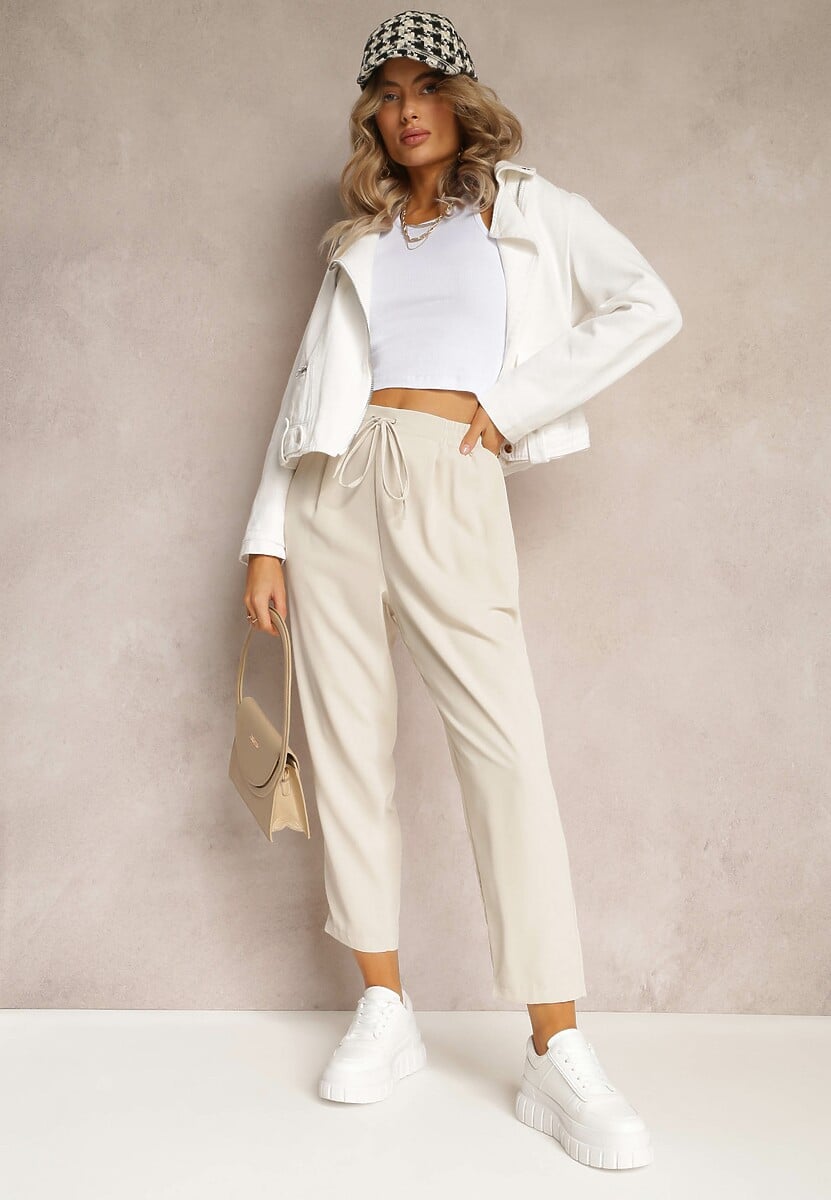 Beżowe Spodnie High Waist z Gumką i Troczkiem w Pasie oraz Kieszeniami Arlettia