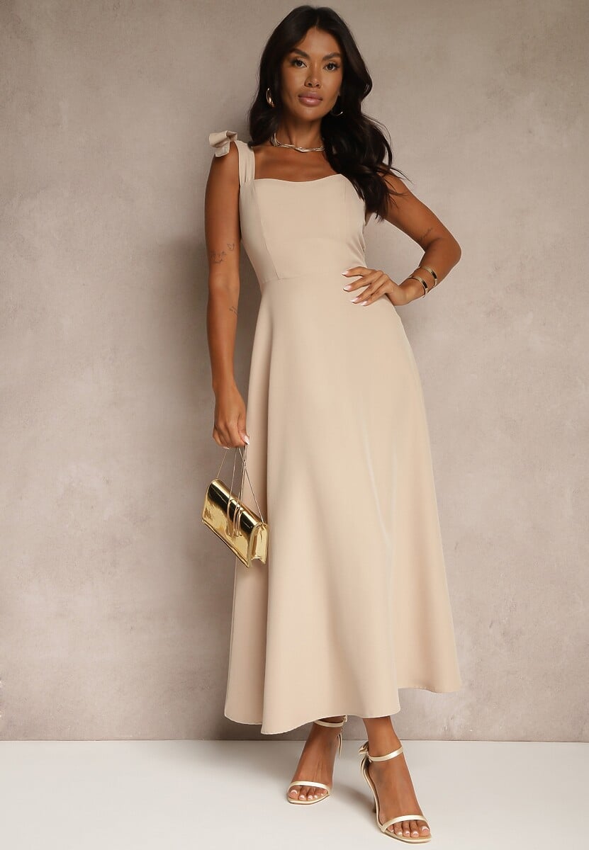 Beżowa Sukienka z Wiskozą o Rozkloszowanym Kroju z Wiązaniem Nilafeia