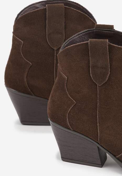 Brązowe Botki Kowbojki na Stożku ze Skóry Naturalnej Liravetta