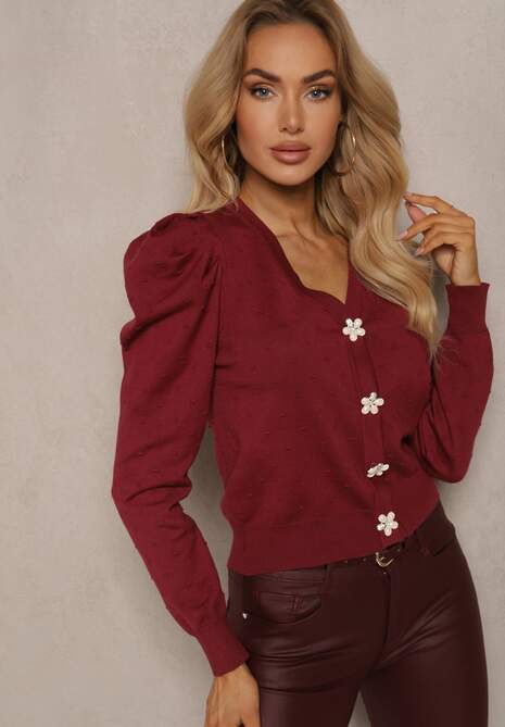 Bordowy Rozpinany Kardigan z Wiskozą Ozdobiony Guzikami Kwiatkami Enarine