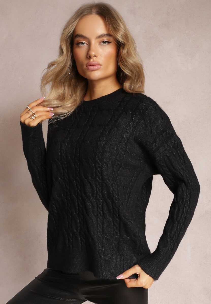 Czarny Sweter z Okrągłym Dekoltem i Splotem w Warkocze z Połyskiem Dawnitta