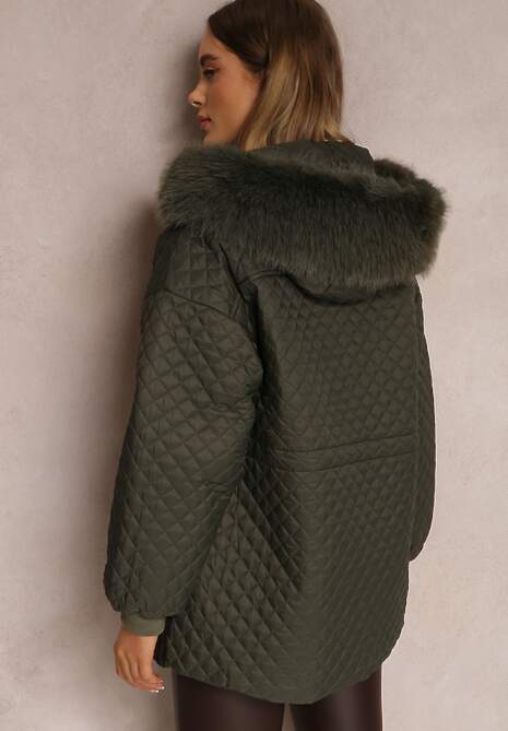 Ciemnozielona Kurtka z Futrzanym Kapturem i Drobnym Pikowaniem Obtashe