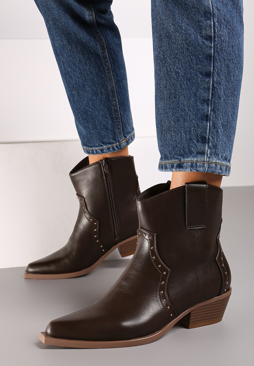 Brązowe Szpiczaste Botki w Stylu Kowbojskim z Nitami  Mevanta