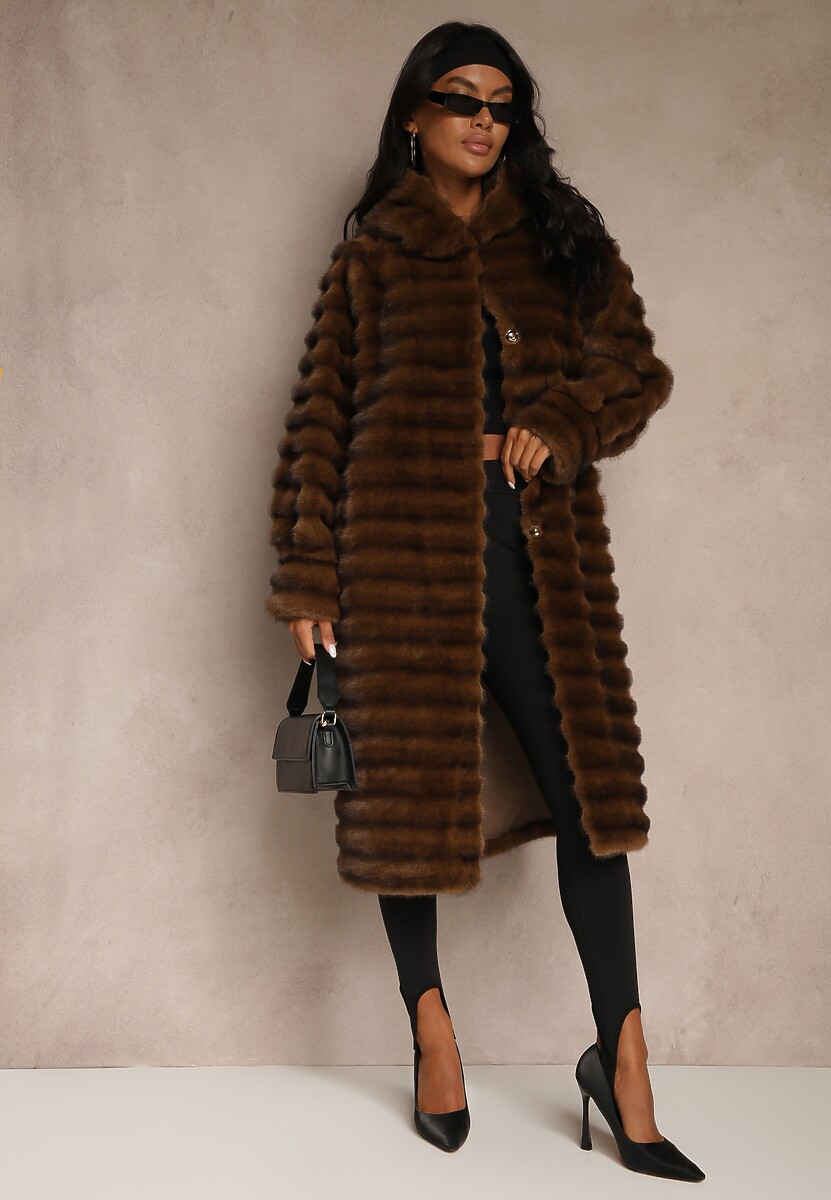 Brązowy Płaszcz Futerko z Ozdobnymi Przeszyciami i Kapturem Esetia