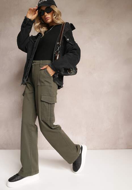 Ciemnozielone Szerokie Jeansy Cargo z Elastycznej Bawełny Ganiaba
