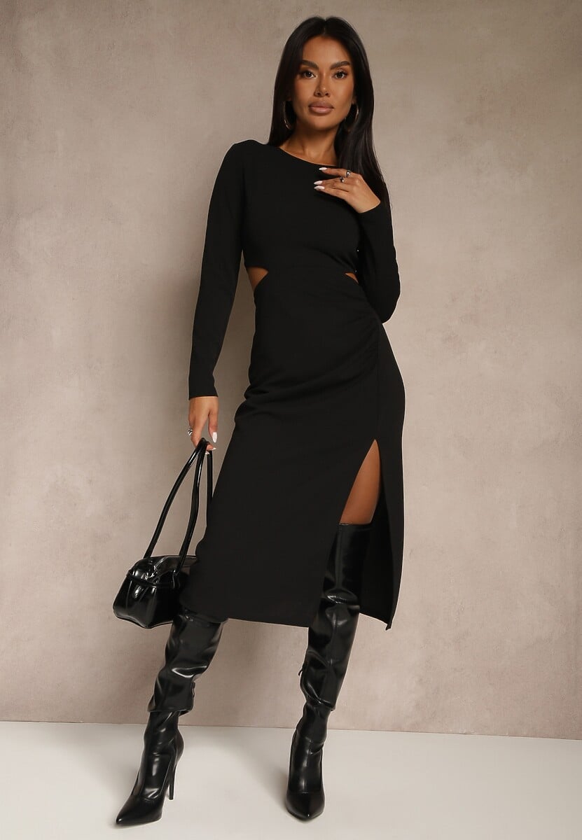 Brązowa Koktajlowa Sukienka w Panterkę Midi Ozdobiona Rozcięciem na Dole i Wycięciami w Talii Aletines