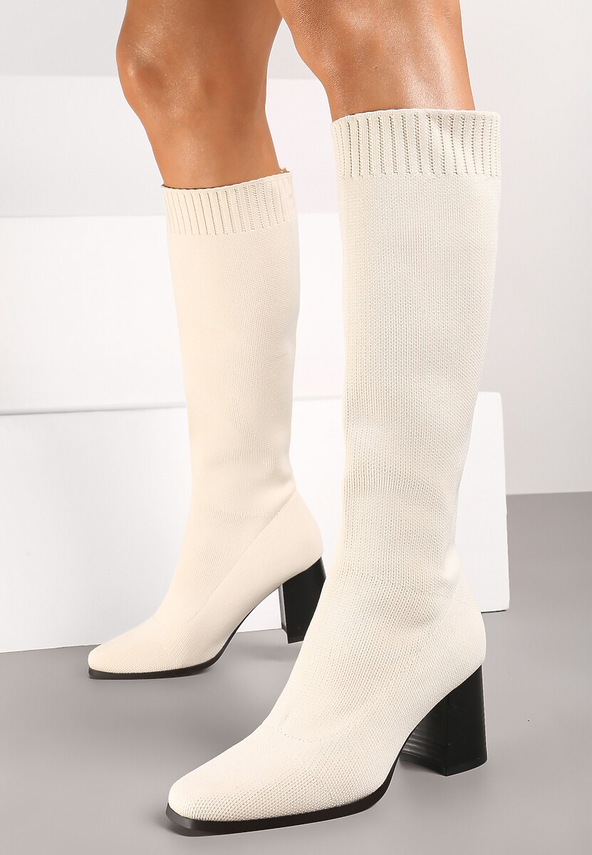 Beżowe Kozaki na Słupku ze Elastyczną Cholewką Ellitra