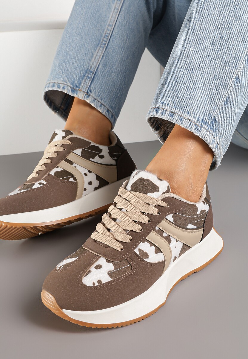 Brązowo-Białe Sneakersy z Geometrycznym Wzorem i Printem w Łaty Velwettia