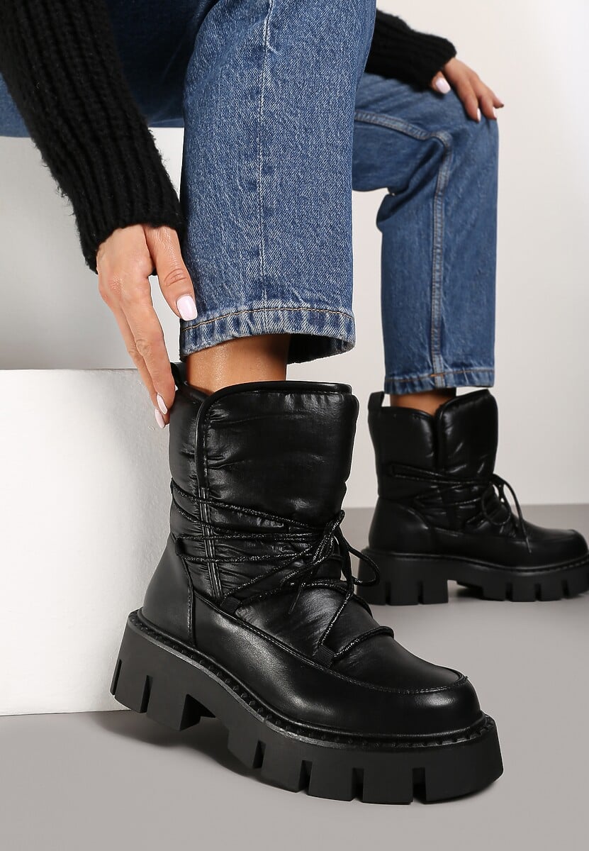 Srebrne Sznurowane Śniegowce na Platformie z Tłoczeniem Ozdobione Metaliczną Nicią Batirae