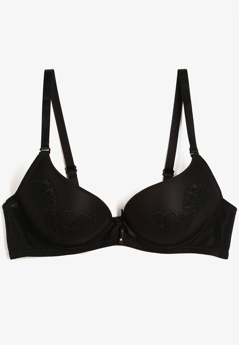 Czarny Biustonosz Push Up Ozdobiony Kwiatowym Wzorem i Kokardką Amaril