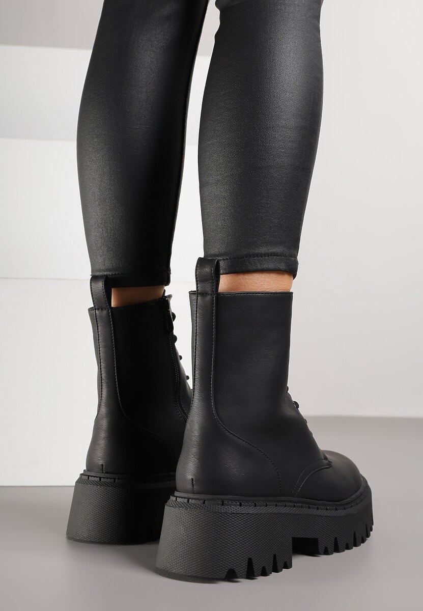 Czarne Sznurowane Botki na Platformie w Stylu Workerów Sairene