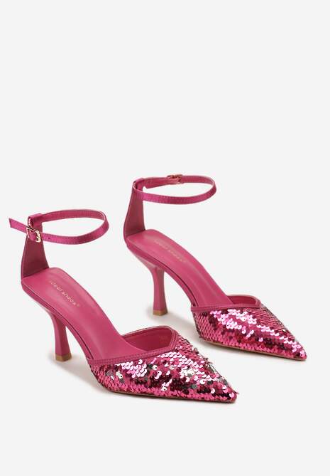 Fuksjowe Satynowe Czółenka na Klepsydrowej Szpilce Ozdobione Cekinami Asuniza