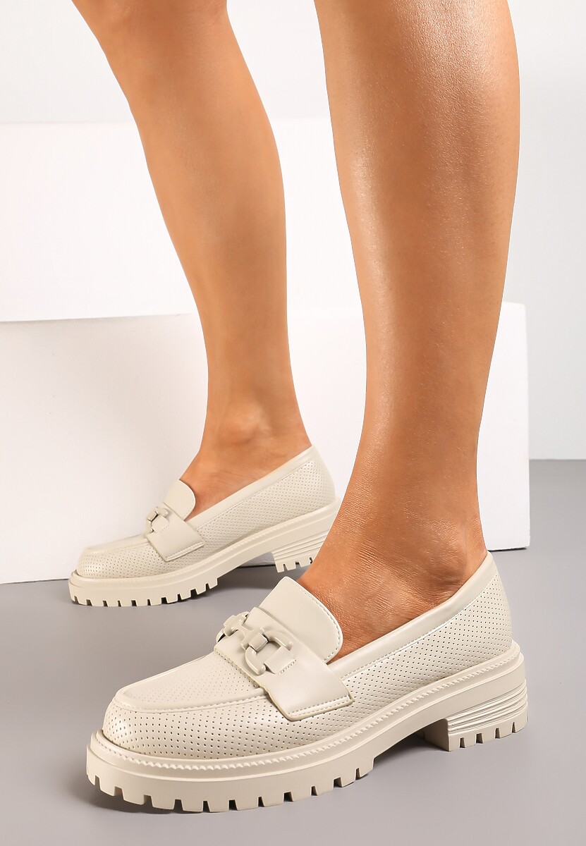 Ciemnobeżowe Mokasyny na Płaskim Obcasie z Klamerką i Dziurkowaniem Aielsit