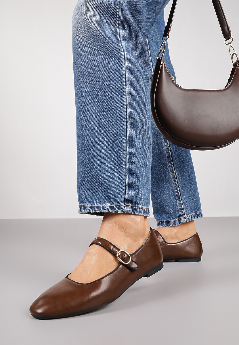 Jasnobrązowe Balerinki Vices z Wkładką ze Skóry Naturalnej Ozdobione Paskiem Patantie