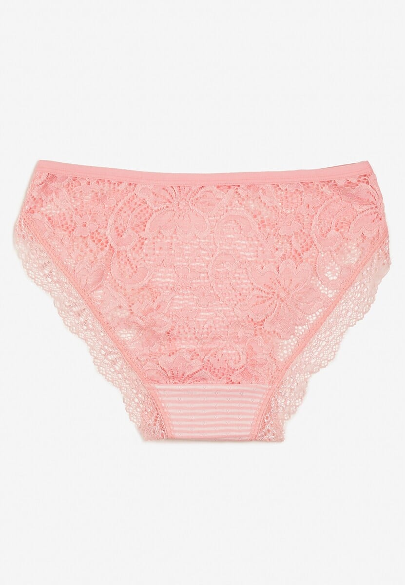 Różowe Majtki Figi Ozdobione Wzorem w Paseczki i Koronką Olibia