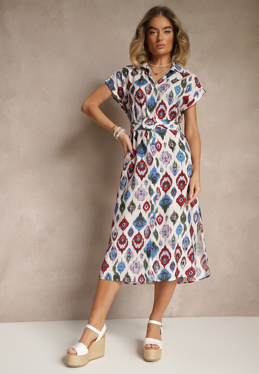 Beżowo-Zielona Sukienka z Wiskozą o Koszulowym Kroju z Paskiem z Klamrą w Etno Print Jenavianea
