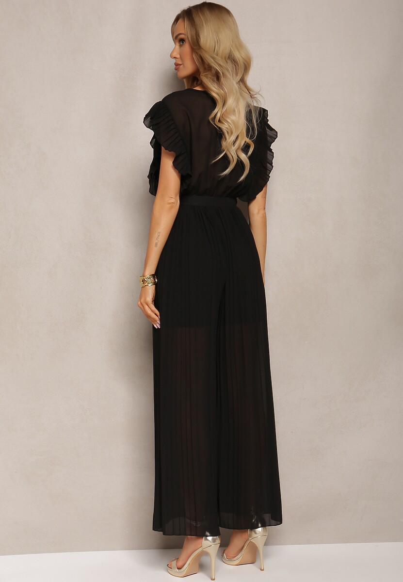 Czarny Plisowany Kombinezon z Falbankami i Szerokimi Nogawkami Jarina