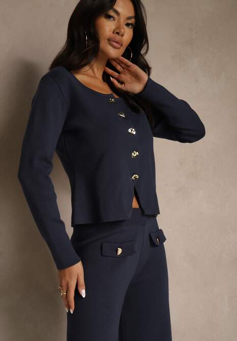 Granatowy Elegancki Komplet z Dzianiny z Wiskozą Kardigan i Spodnie Delinavea