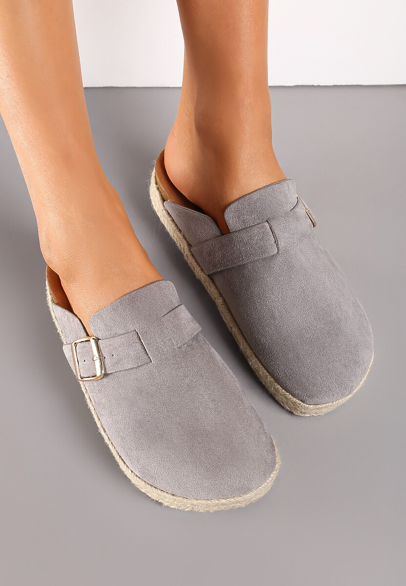 Szare Klapki Mule z Szeroką Cholewką i Plecioną Podeszwą Ilinna