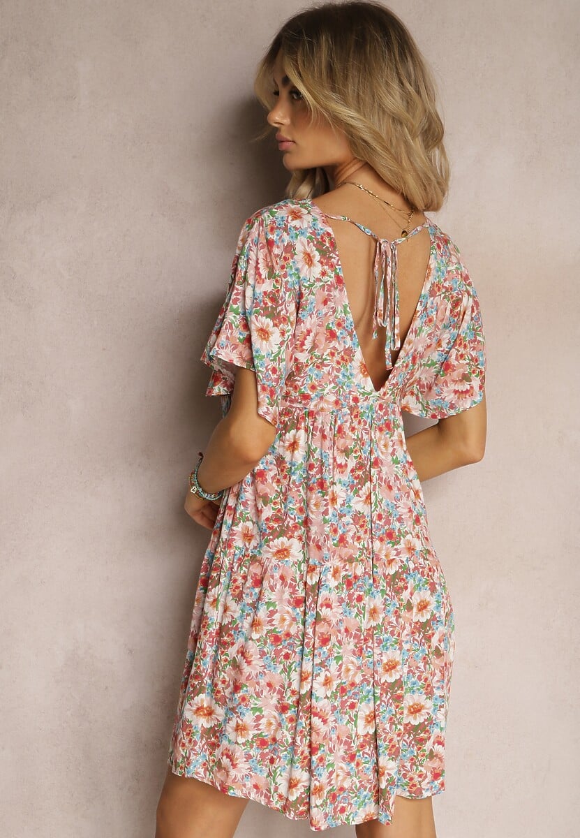 Różowo-Beżowa Wiskozowa Sukienka o Rozkloszowanym Fasonie z Guzikami i Odkrytymi Plecami Watella