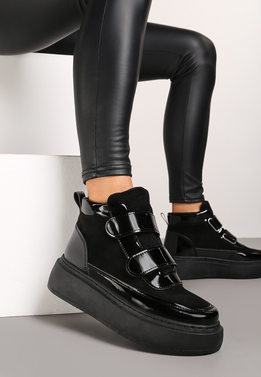 Czarne Botki w Stylu Sneakersów na Platformie z Zapięciem na Rzep Savalithe