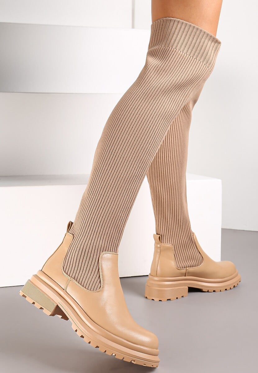 Beżowe Kozaki z Elastyczną Prążkowaną Cholewką za Kolano Goisee