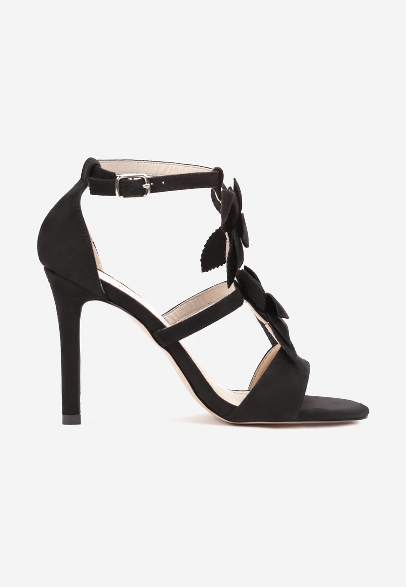 Czarne Sandały na Szpilce z Kwiatkami i Cyrkoniami Molaiah