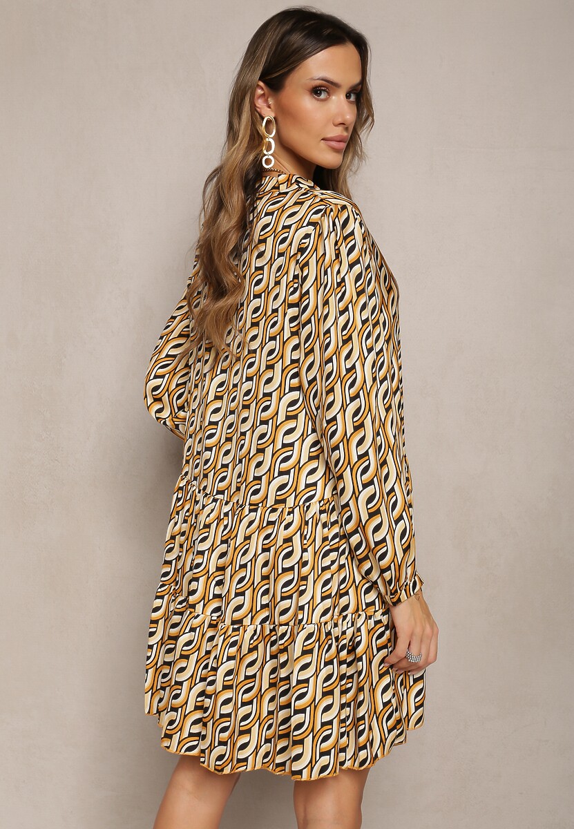 Beżowa Rozkloszowana Sukienka z Falbanką i Dekoltem w Serek Sekele