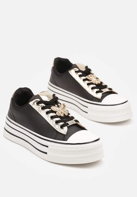 Czarne Trampki na Platformie z Ozdobną Aplikacją w Kształcie Motyla Haniriel