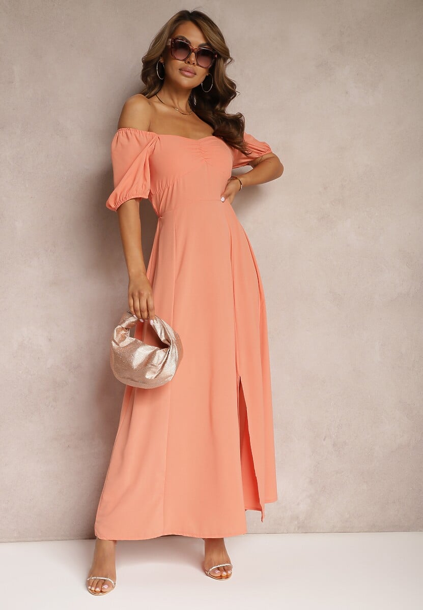 Pomarańczowa Sukienka Wieczorowa z Hiszpańskim Dekoltem i Rozcięciem Vikiya